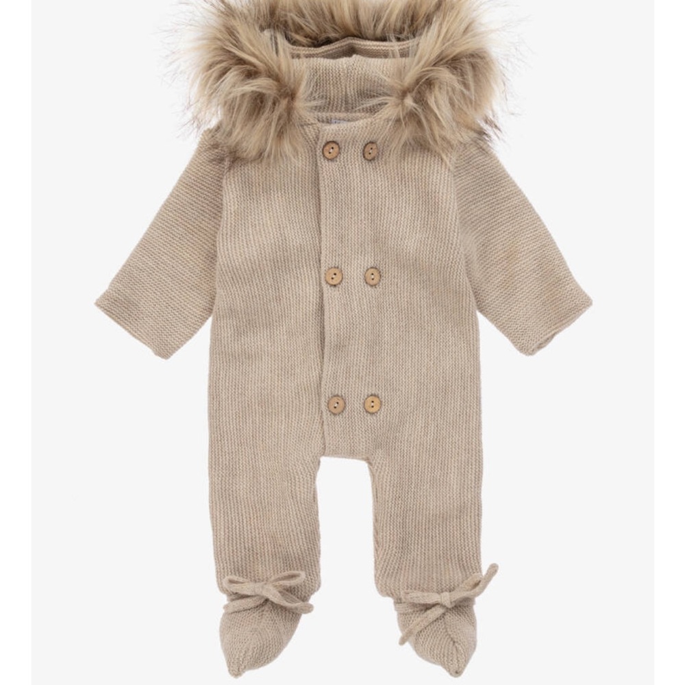 Cozy Tan Knit Baby Snowsuit with Faux Fur Trim